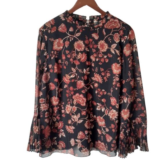 Chico's Floral Mock Neck Pleated Bell Sleeve Chiffon Top - Picture 1 of 5